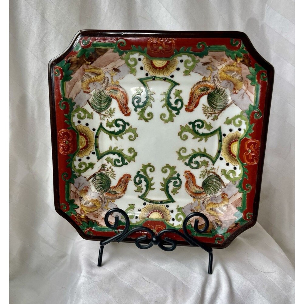 Chinese Octagonal Porcelain Plate Rooster Design Red Character Mark- w/ stand